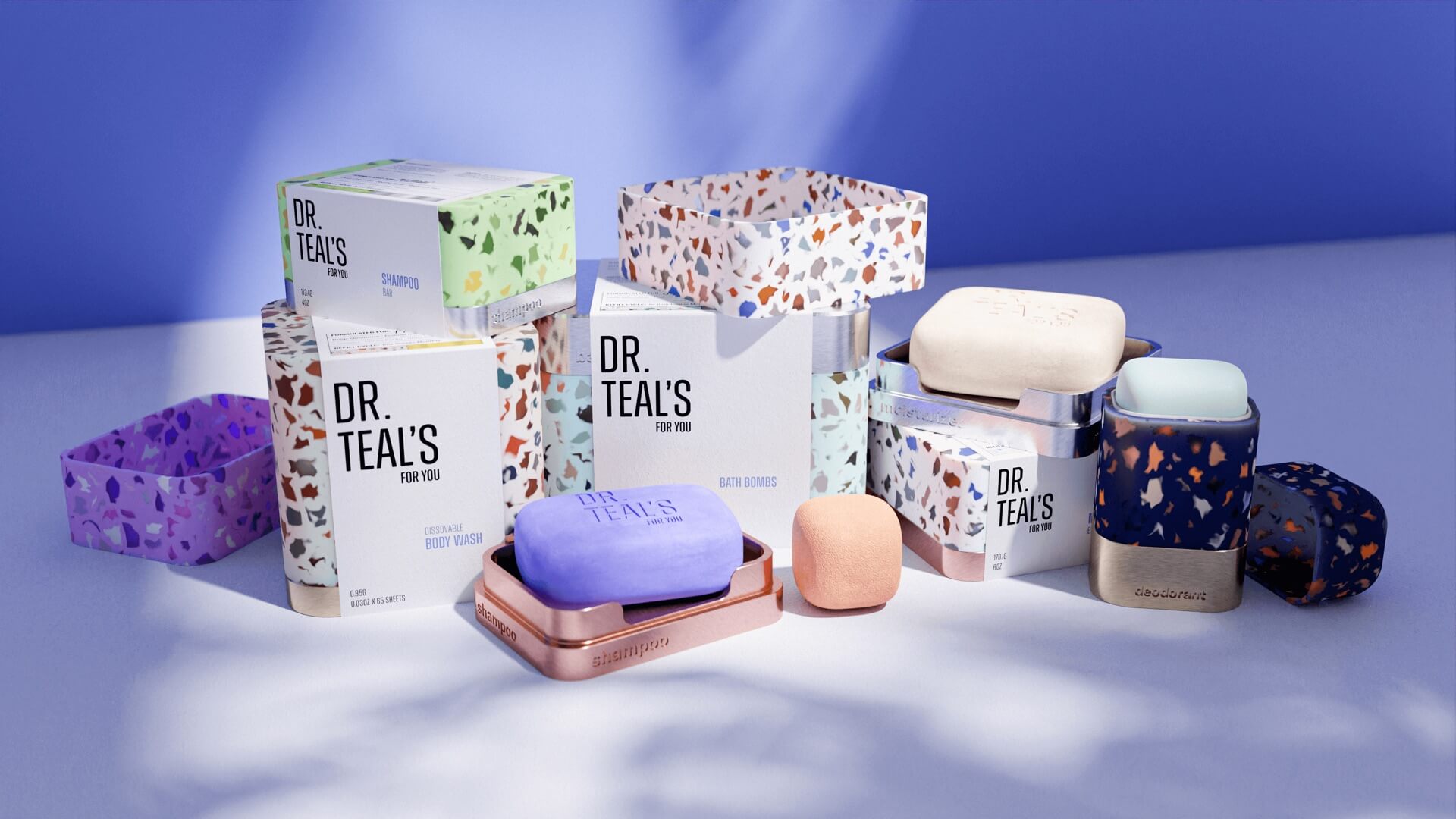 Full Dr. Teal's product lineup rendered in recycled plastic packaging