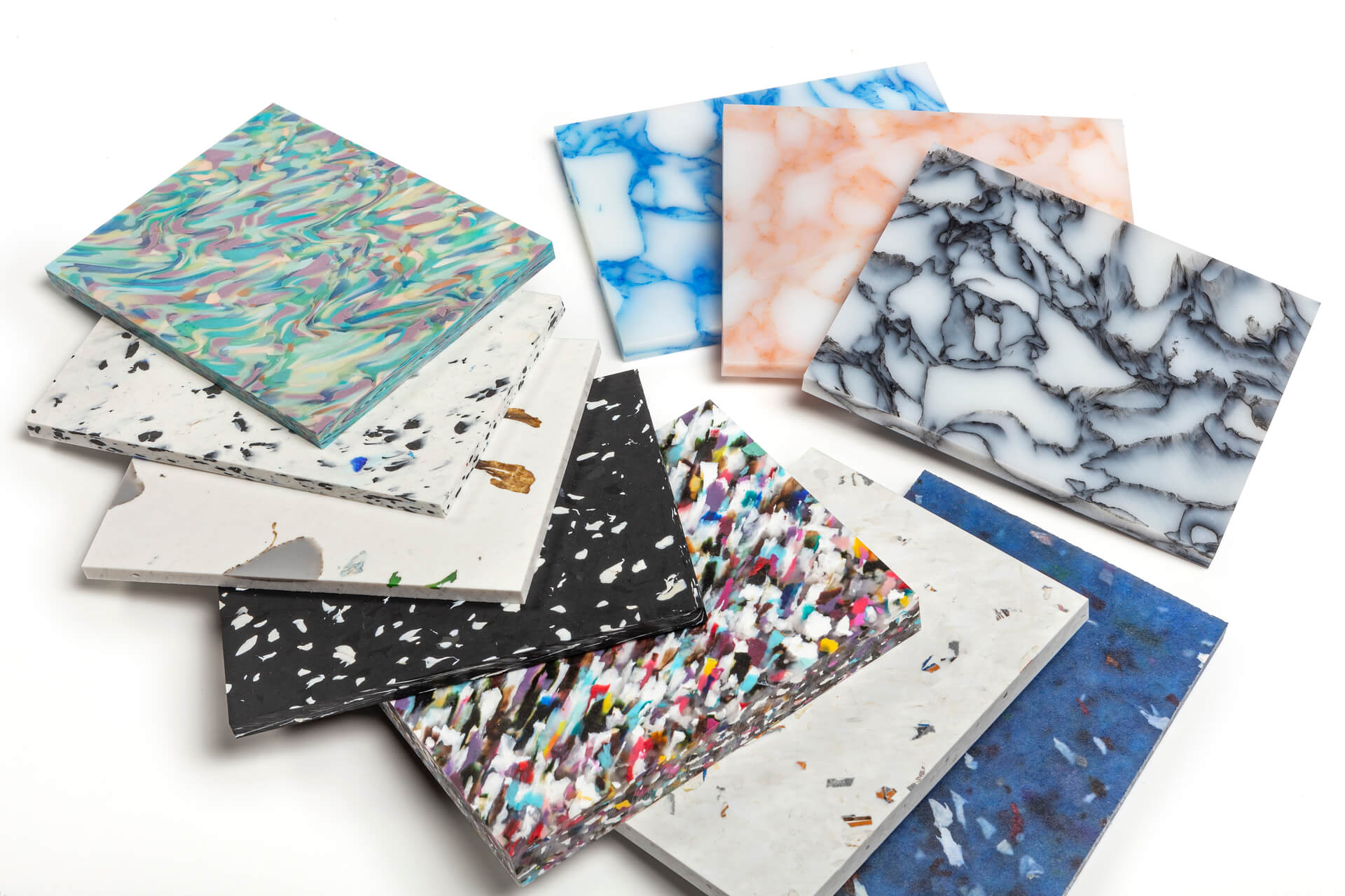PLASTICIET recycled plastic sheets with terrazzo-like patterns