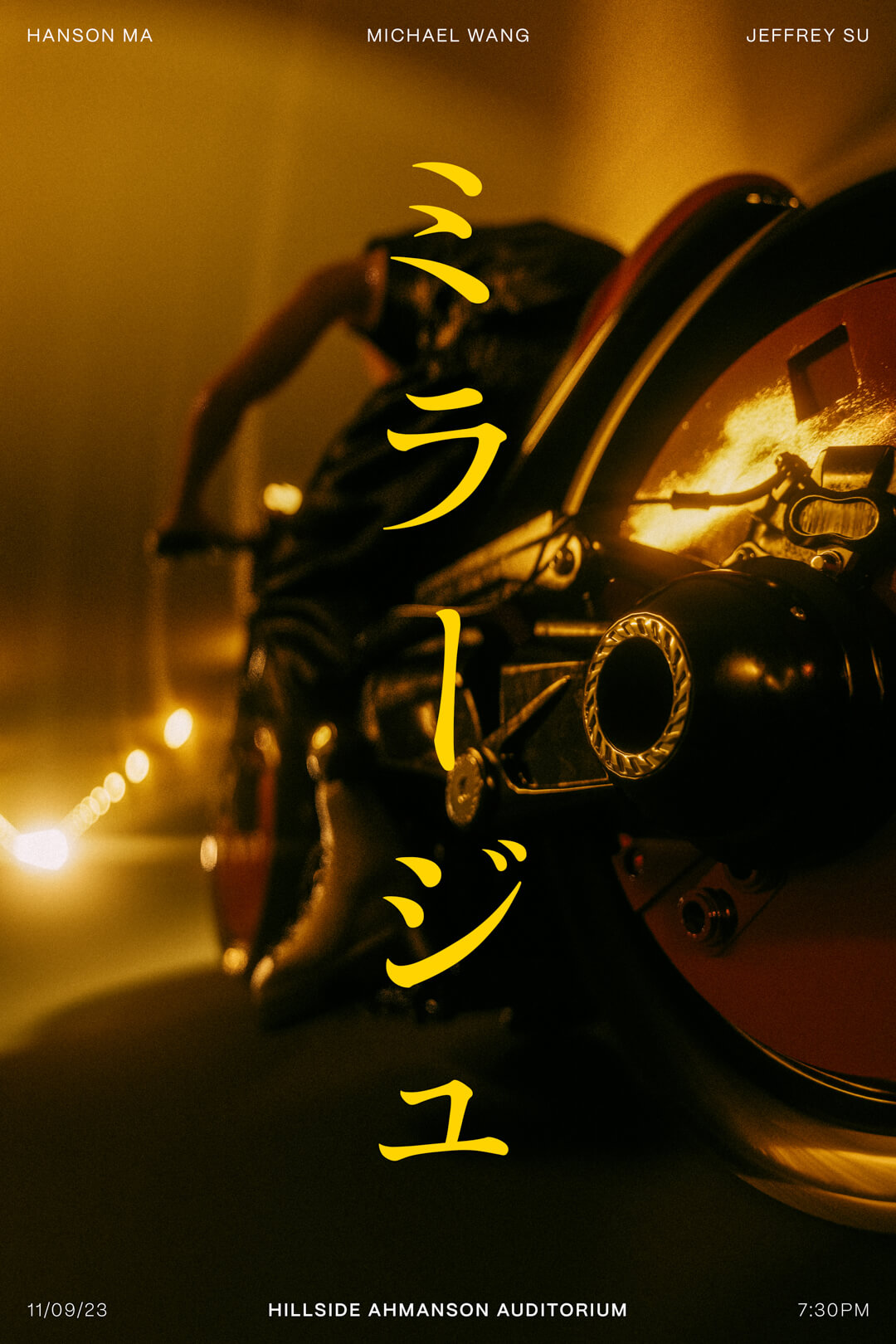Katakana poster over the red motorcycle at night
