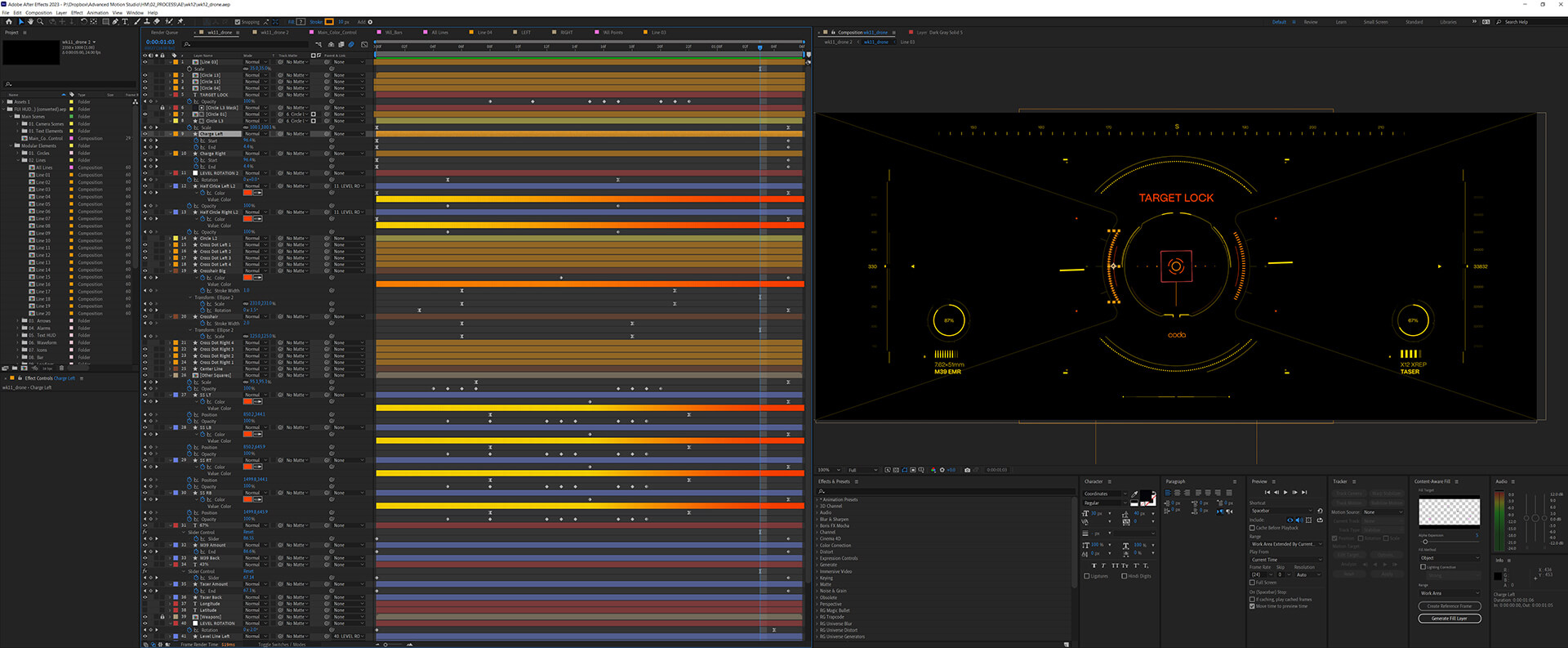 After Effects timeline compositing the drone HUD
