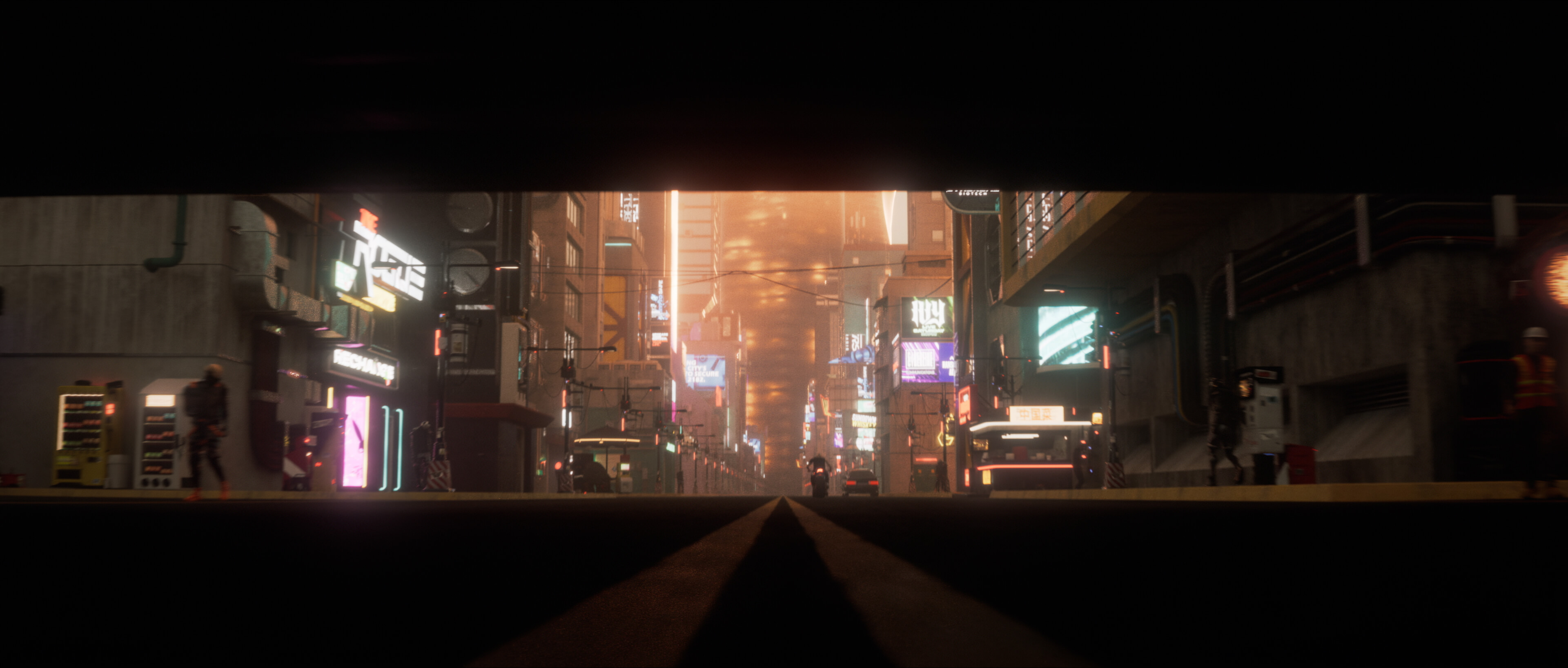 Neon-lit street canyon in the lower city