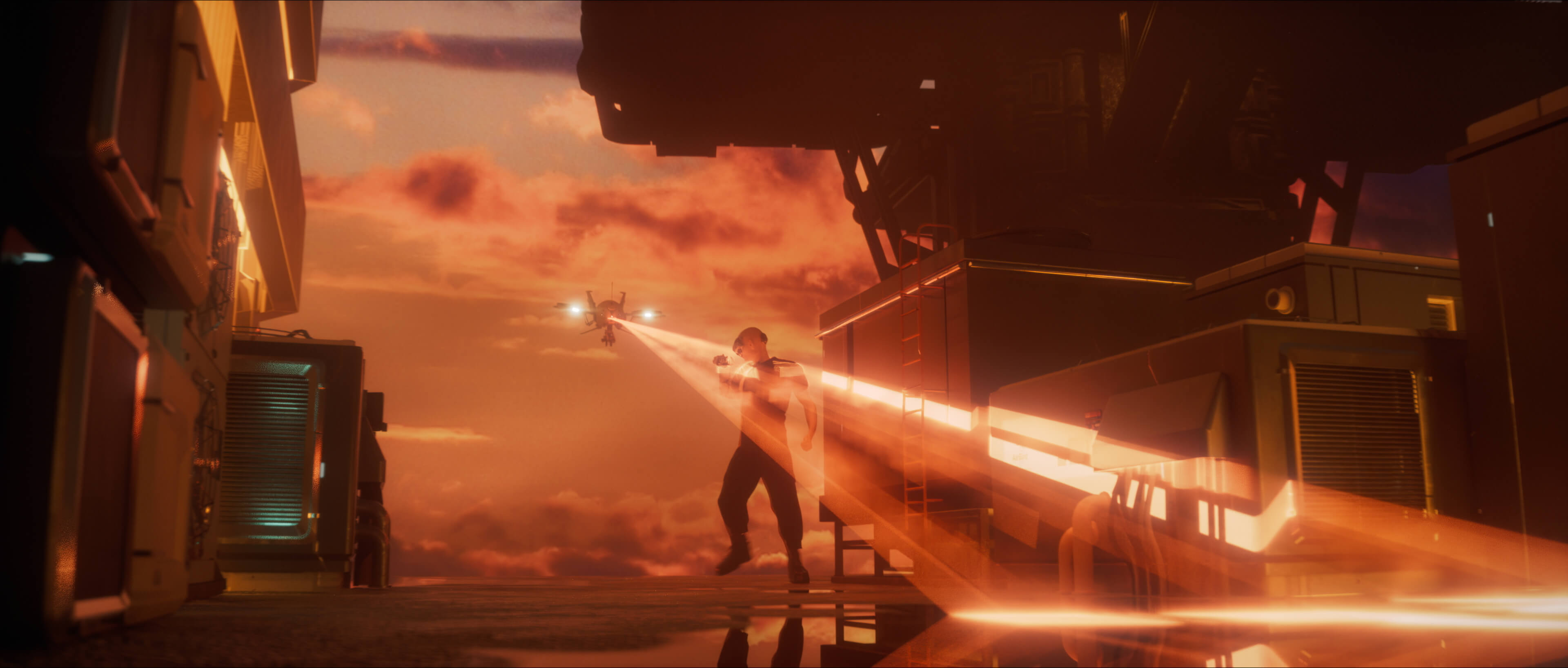 Laser fire cutting through a back alley