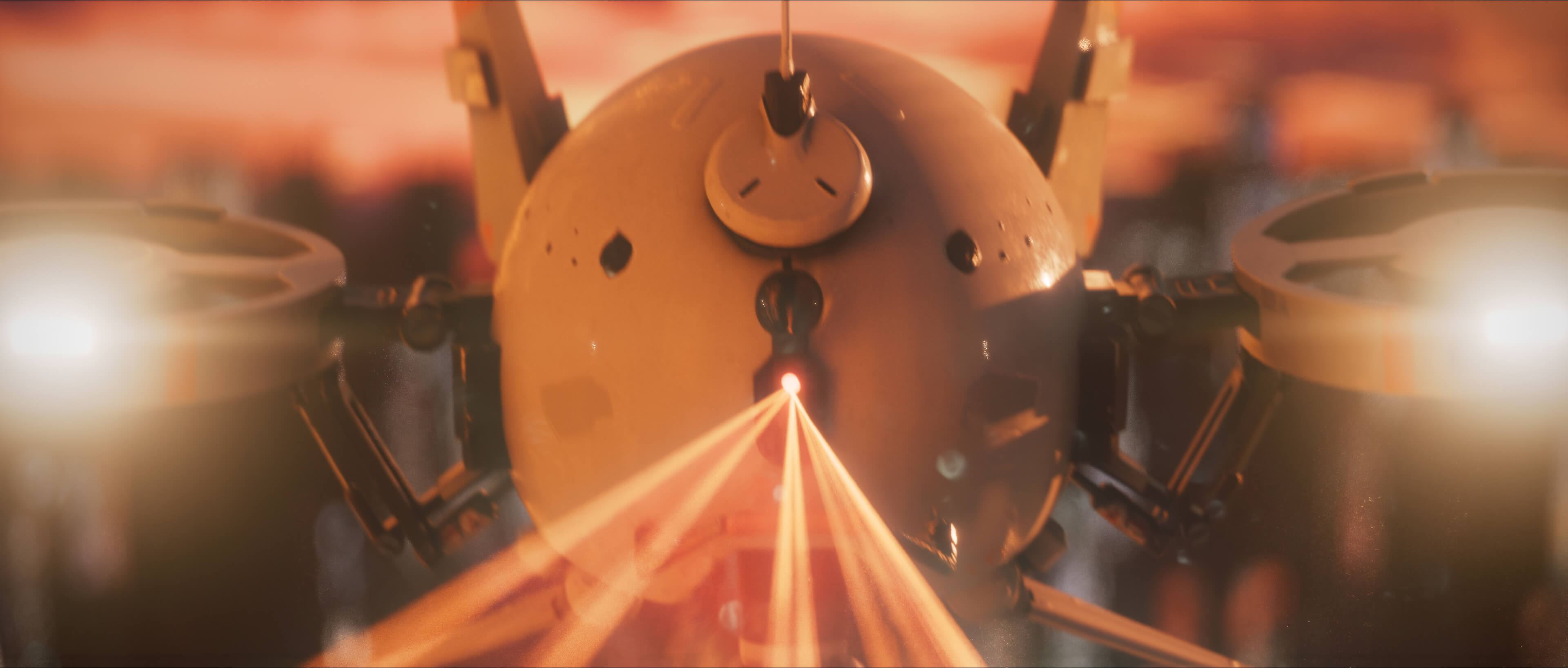 The security drone firing its laser head-on