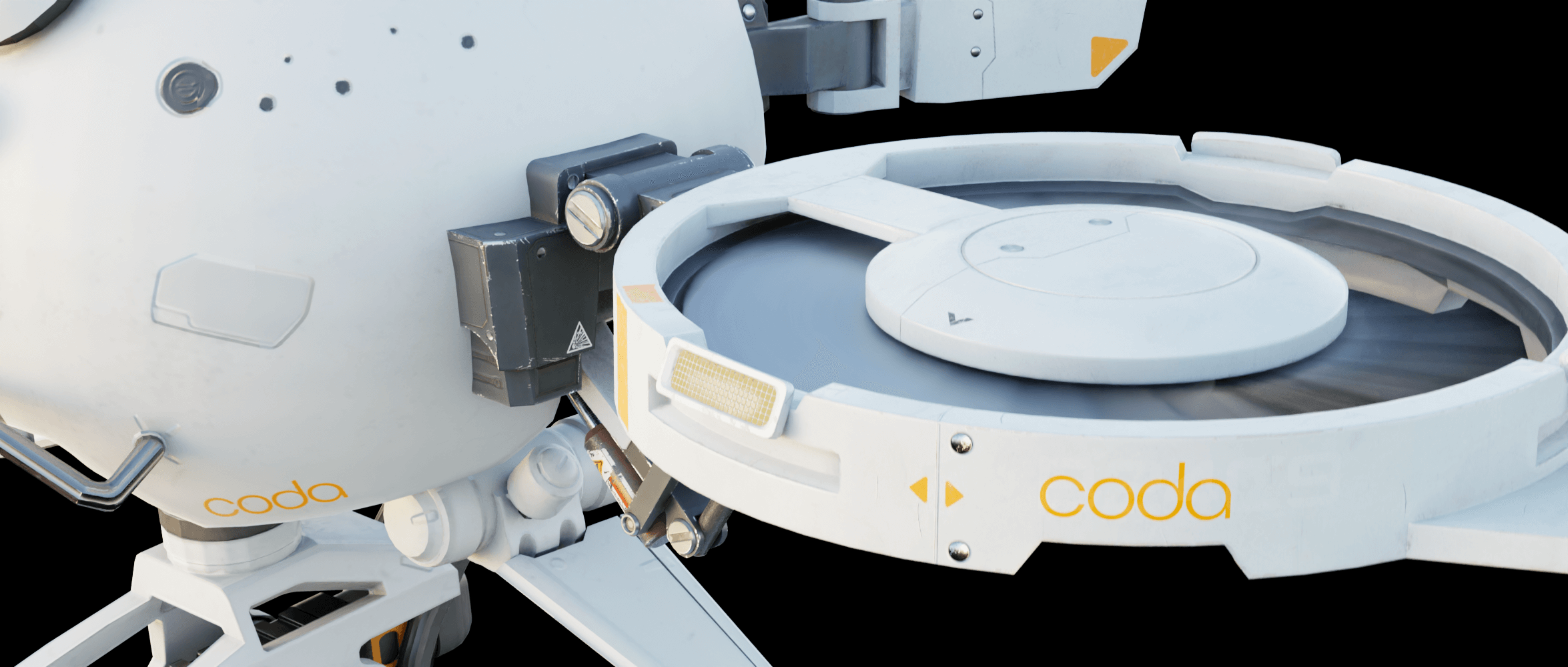 Drone detail with the CODA mark on its dish